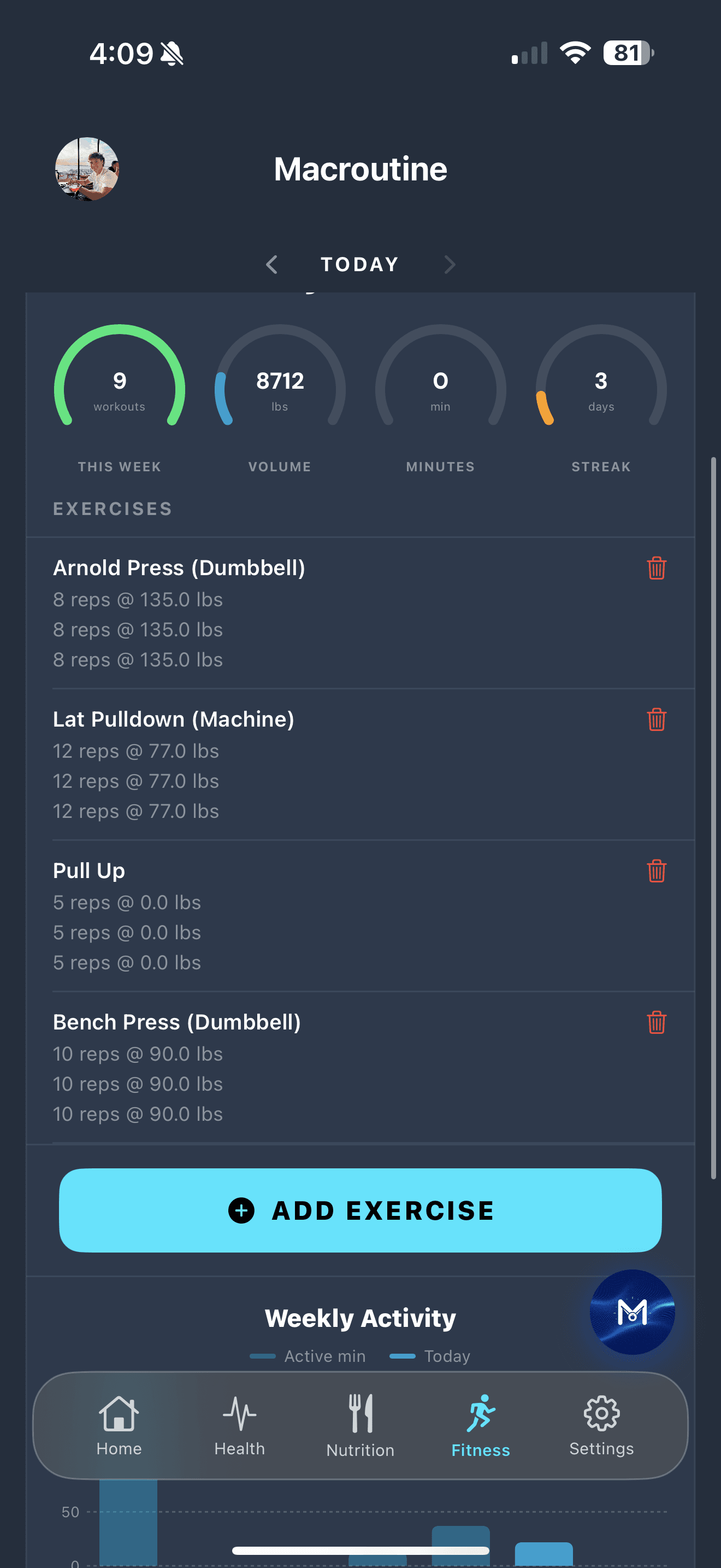 Macroutine fitness screen — training load and PRs